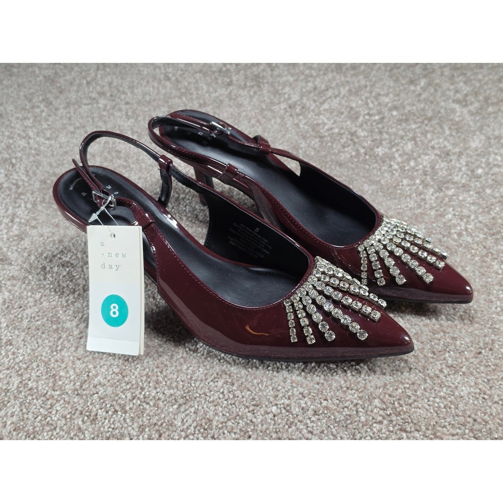 A New Day Serafina Burgundy Patent Rhinestone Fringe Slingback Heels Womens 8